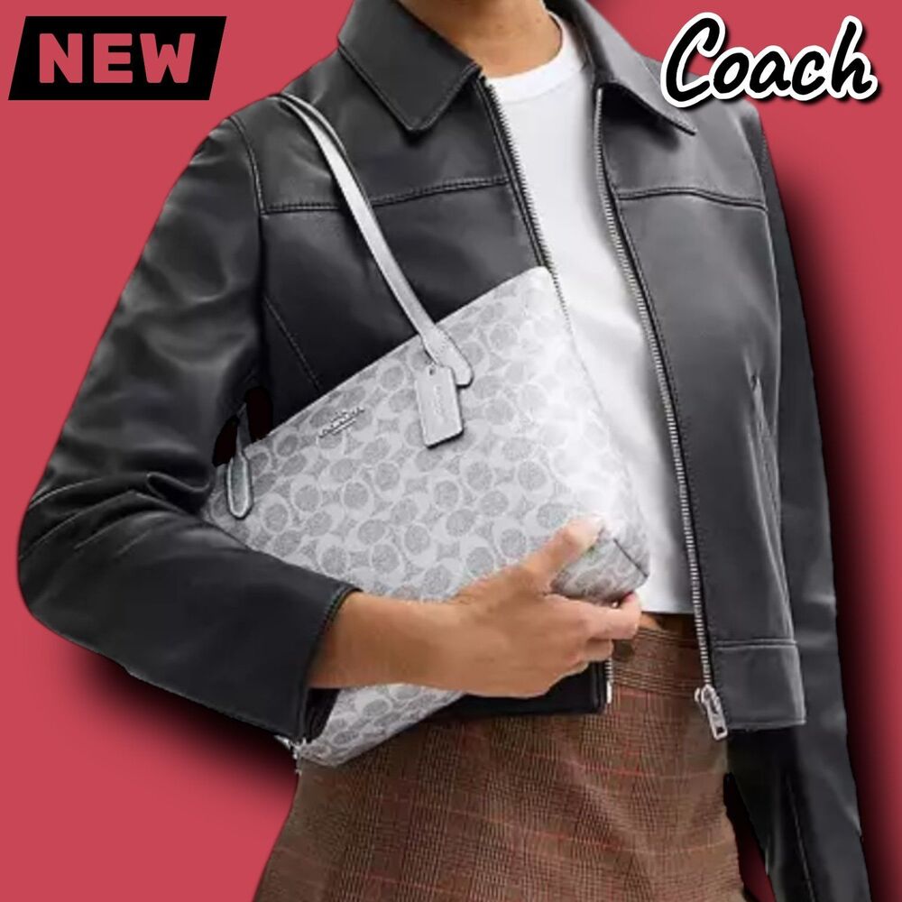 🔴New NWT Coach Fiona Zip Tote Bag in Signature Canvas – Gray/Silver - Picture 3 of 7